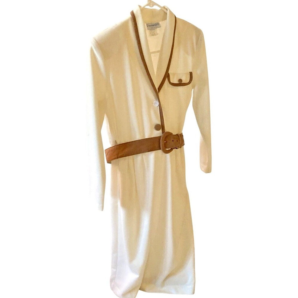 Vintage Mad Men Cream Dress Sz 10 Brown Belt MCM Periwinkle Button Front Midi